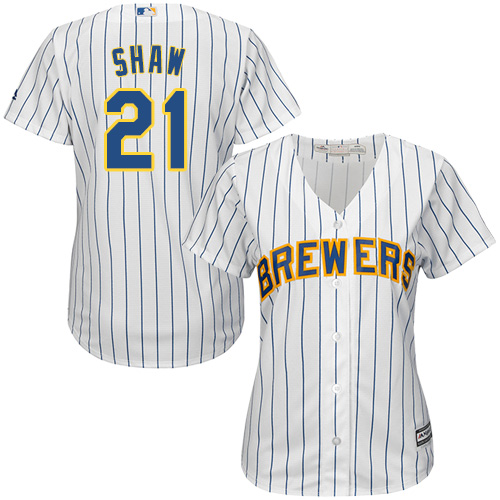 Brewers #21 Travis Shaw White Strip Home Women's Stitched MLB Jersey - Click Image to Close